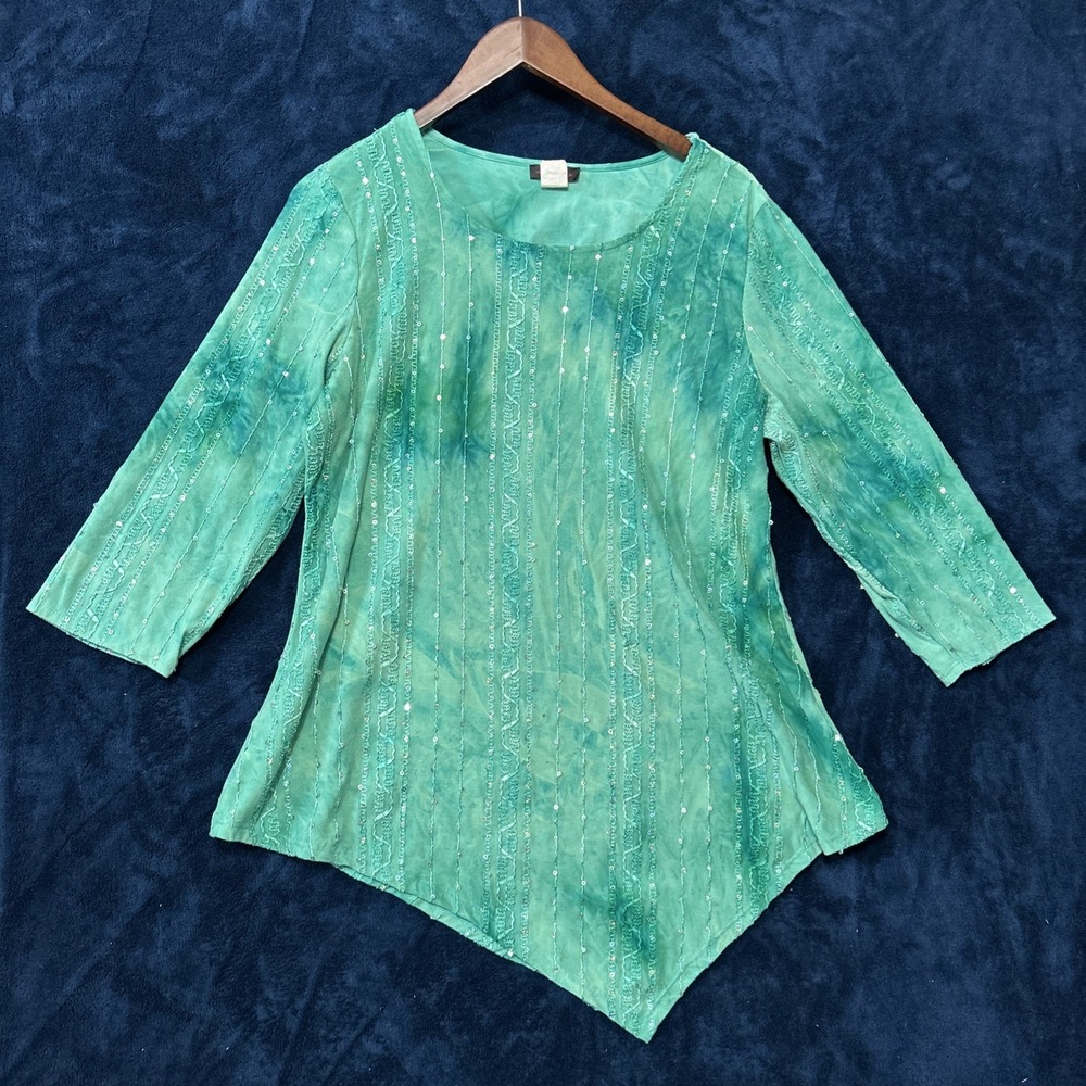 Cocomo Woman Tunic Top Size L Teal Sequins Asymmetric Garden Fairy Tie Dye